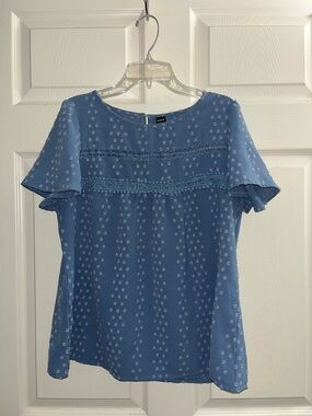 Light Blue Dot Lace-Trim Women's Blouse
